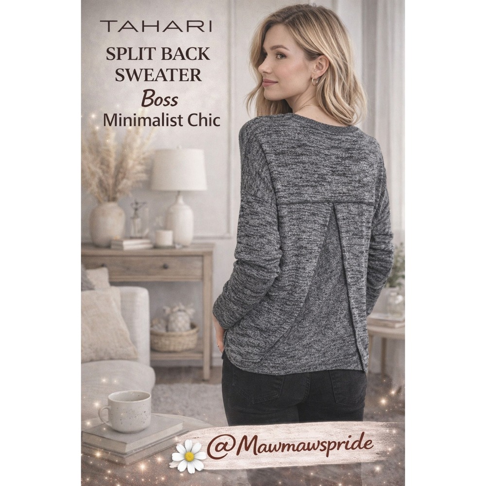Tahari Gray Marled Knit Overlay Split Back Sweater Small